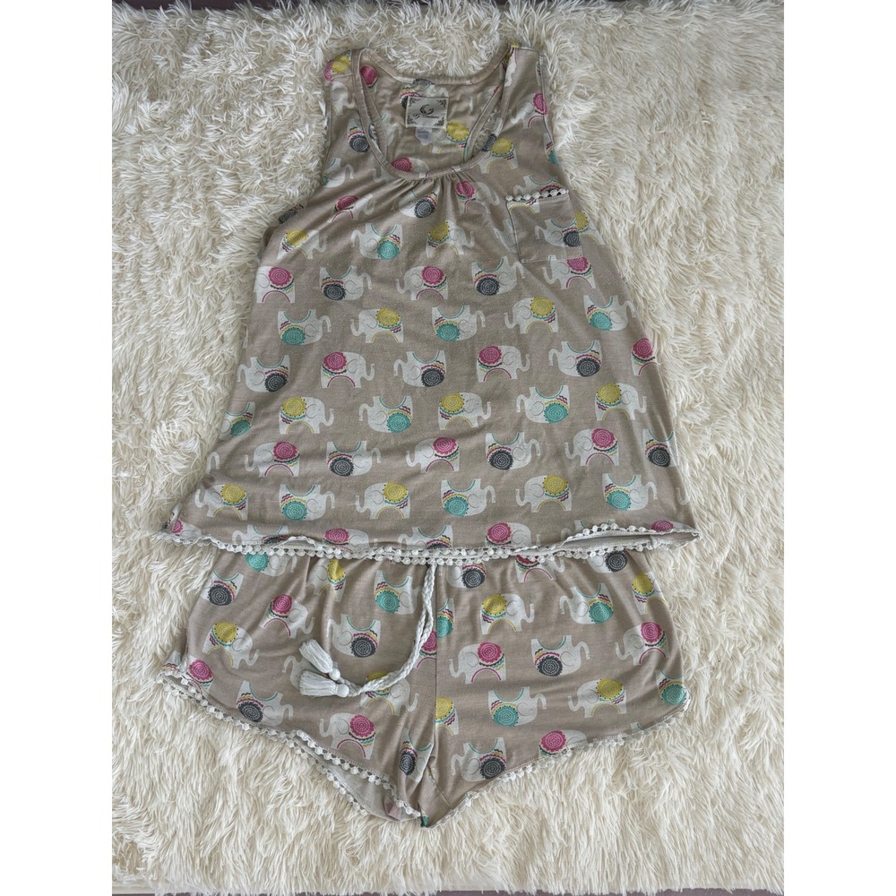 PJ Couture Womens Pajama Set Tank Top Shorts Elephant‎ Print XL Sleepwear